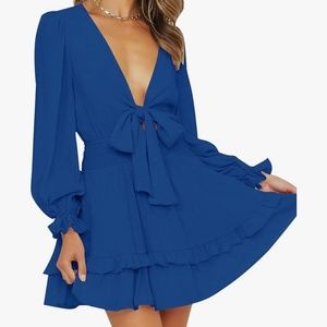 Amazon tie front, ruffle dress with long sleeves